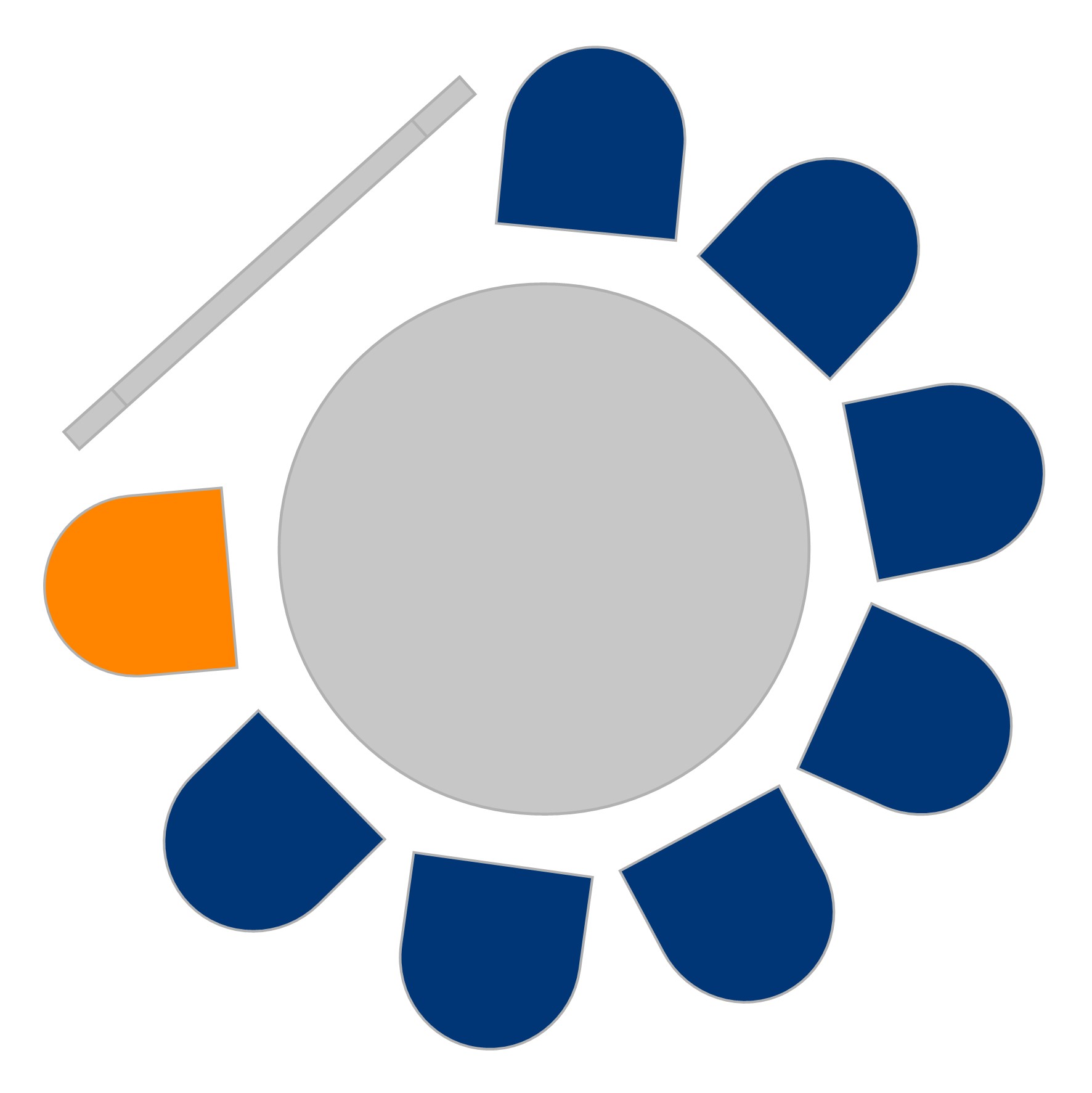 Ein Grauer Kreis mit ringsum dunkelblauen Halbkreisen angeordnet und mittig links ist ein oranger Halbkreis darüber befindet sich eine Linie. Vermutlich soll es einen Tisch mit Sitzplätzen ringsum darstellen und einer Infotafel.